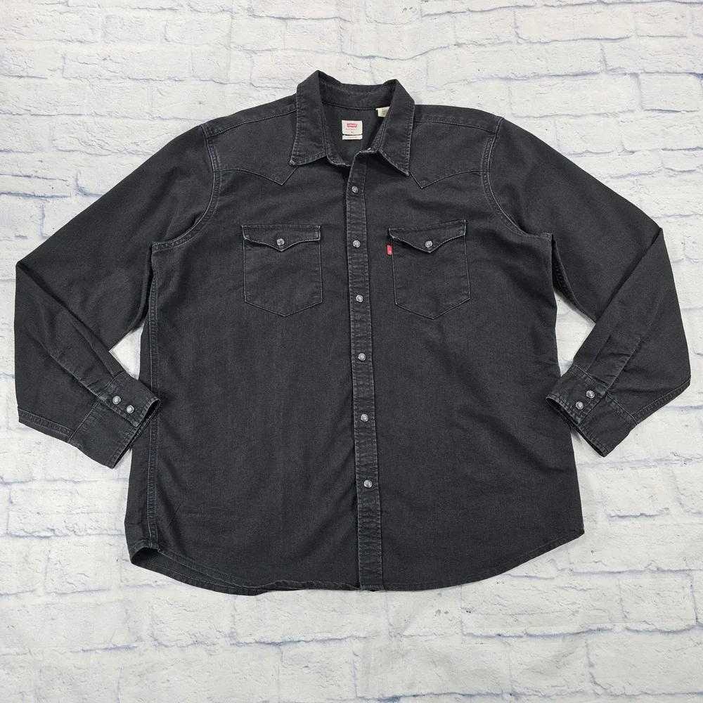 Levis Western Shirt Mens XL Black Denim Pearl Snap Long Sleeve Americana Rugged